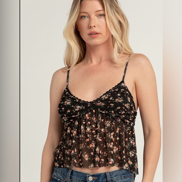 RSQ Tops - Mesh Floral Cami with V-neckline featuring lace trim